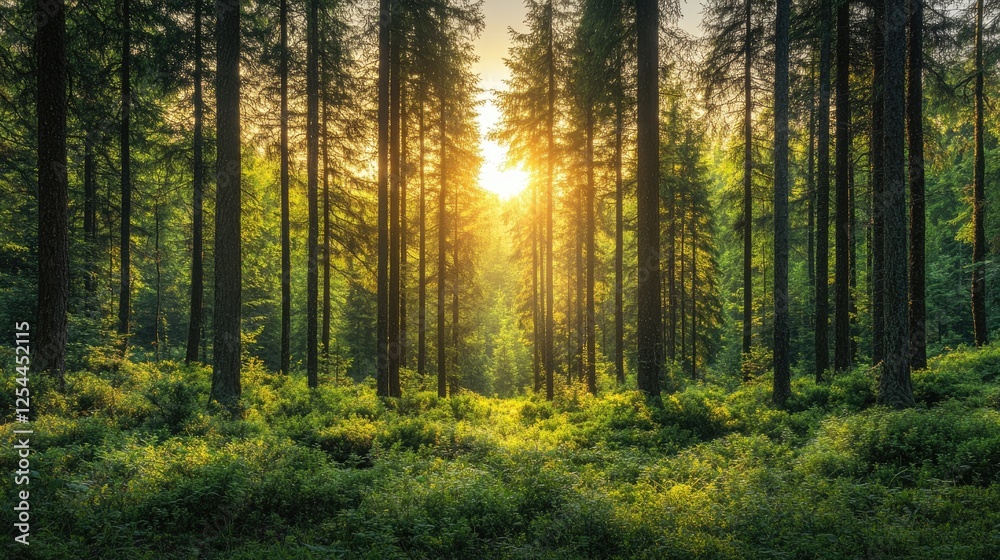 Naklejka premium Sunlight Filtering Through Tall Trees in a Lush Green Forest with Vibrant Foliage