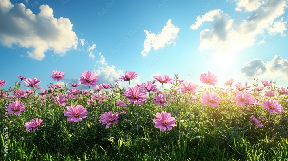 Vibrant field of pink cosmos flowers under a bright blue sky with fluffy clouds and sunlight Vibrant field of pink cosmos flowers under a bright blue sky with fluffy clouds and sunlight