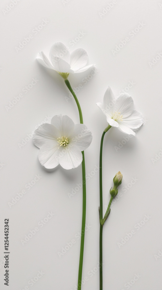 Graceful White Tiny Flowers with Stems Neatly Spread Across a White Surface for a Calm and Fresh Look Floral Botanical Wallpaper Background Graceful White Tiny Flowers with Stems Neatly Spread Across a White Surface for a Calm and Fresh Look Floral Botanical Wallpaper Background