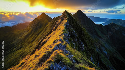 Majestic mountain ridge at sunset with vibrant clouds and distant ocean view, serene landscape