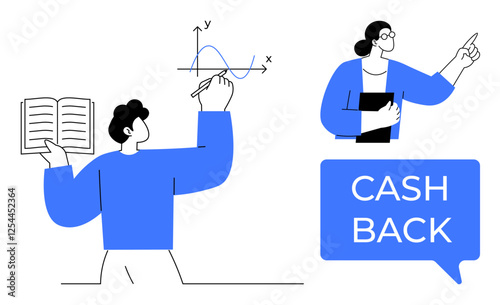 Two people engage in educational activities one studying calculus graphs, another discussing. Ideal for teamwork, education, collaboration, learning, financial incentives, student support, innovation