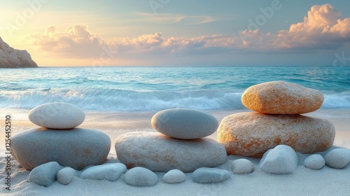Stacked Stones On Beach At Sunset