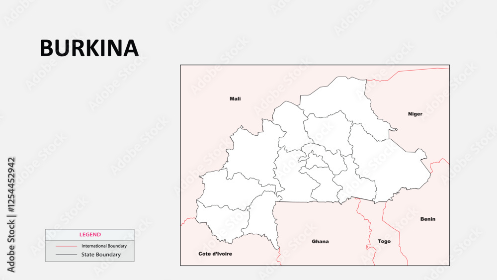 Obraz premium Burkina Faso Map. Political map of Burkina Faso with state border in outline. Political map of Burkina Faso with outline and neighbouring countries.