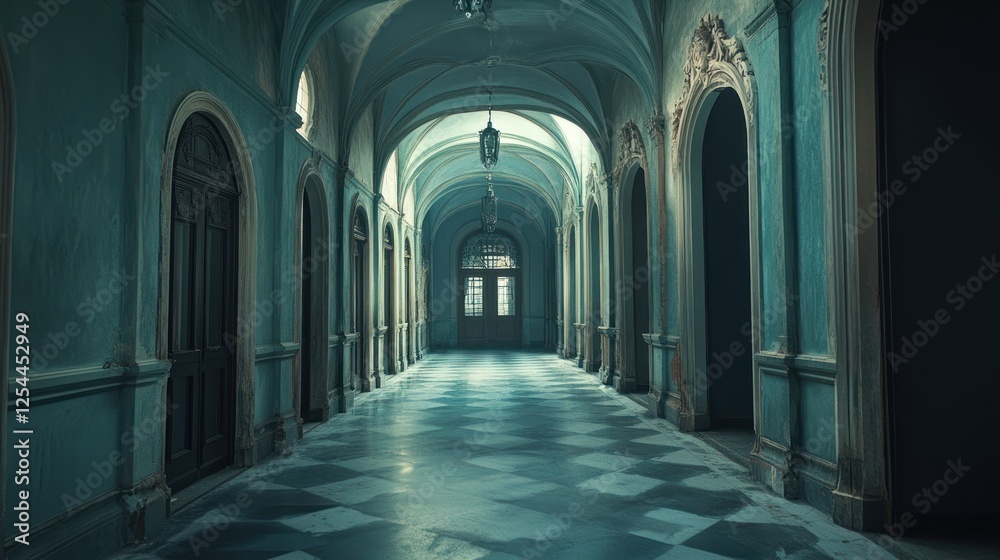 Fototapeta premium Dark, long palace hallway, arched doorways, sunlight, mystery, film set