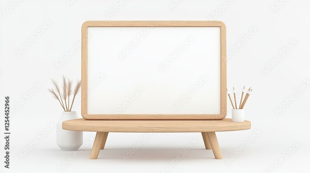 Minimalistic wooden display with blank frame and decorative elements in a serene setting Minimalistic wooden display with blank frame and decorative elements in a serene setting