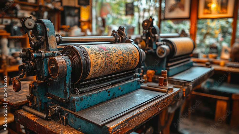 A modern shiny metal printing press with a bright tone and blurred background, symbolizing the intersection of technology and communication, capturing the concept of chaos in a controlled space A modern shiny metal printing press with a bright tone and blurred background, symbolizing the intersection of technology and communication, capturing the concept of chaos in a controlled space