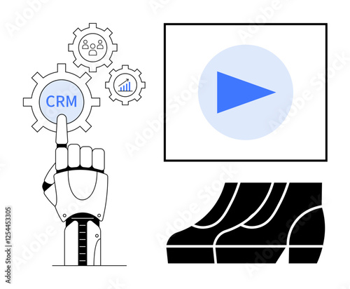 Robotic hand activating CRM gear, play button on screen, business shoes, and rising graph icons. Ideal for automation, business solutions, CRM systems, digital transformation, marketing growth