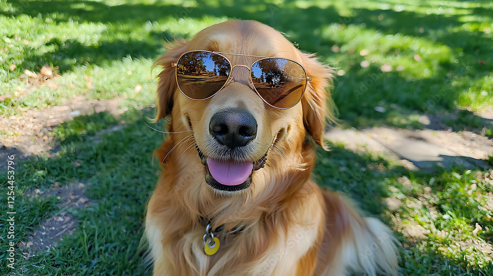 Golden Retriever Dog Wearing Sunglasses Outdoors Golden Retriever Dog Wearing Sunglasses Outdoors