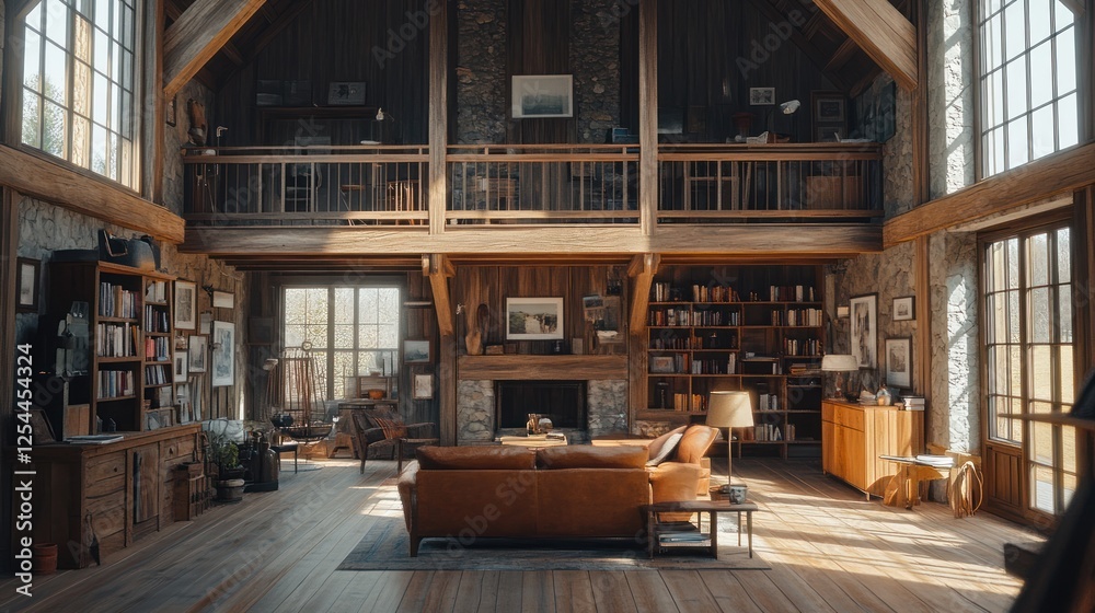 Fototapeta premium Rustic lodge living room, sunlit, double-height ceiling, bookshelves, nature view