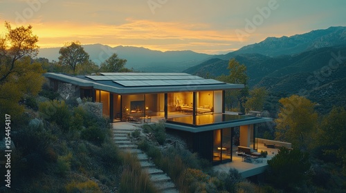 Modern mountain home sunset view, solar panels, infinity pool, luxury real estate
