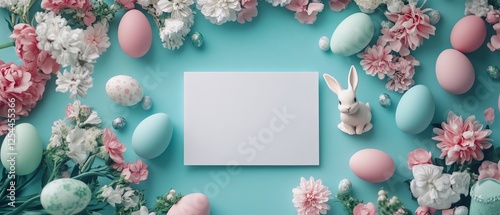 Easter theme with flowers and decorative eggs. photo