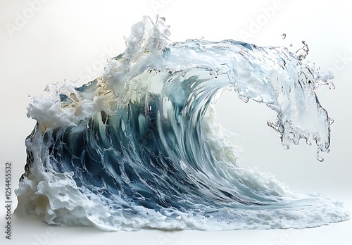 Stunning ocean wave sculpture capturing dynamic water motion and frothy details, set against a minimalistic background photo