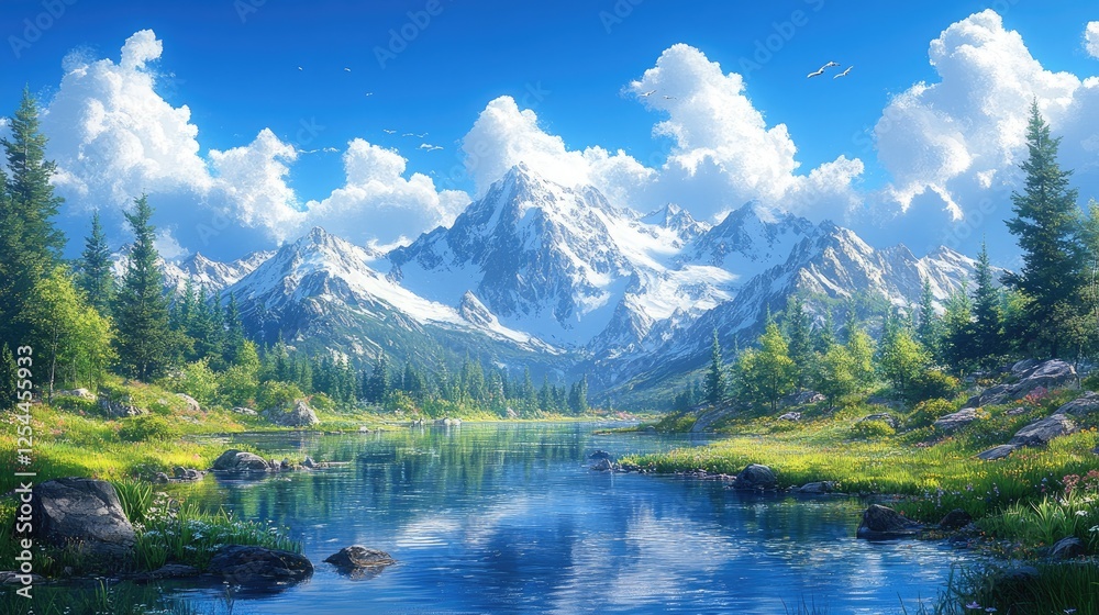 Majestic mountain landscape with a serene river reflecting clouds and greenery under a bright sky Majestic mountain landscape with a serene river reflecting clouds and greenery under a bright sky
