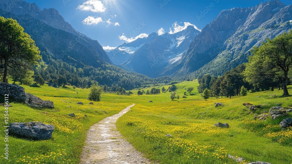 Fototapeta premium Serene mountain landscape with a winding path through vibrant meadows under a bright sky