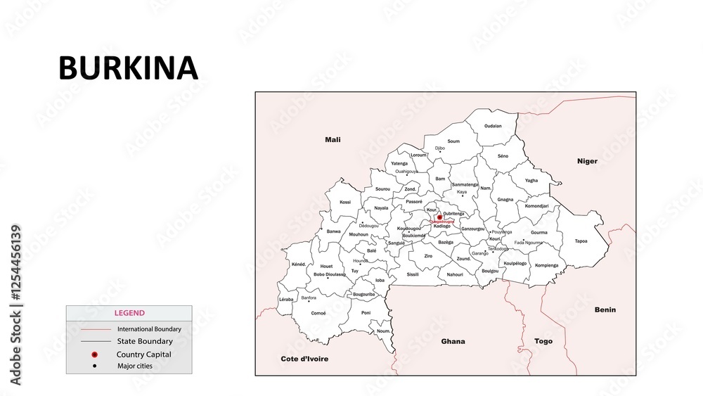 Fototapeta premium Burkina Faso Map. State map of Burkina Faso. Administrative map of Burkina Faso with state and capital in white color.
