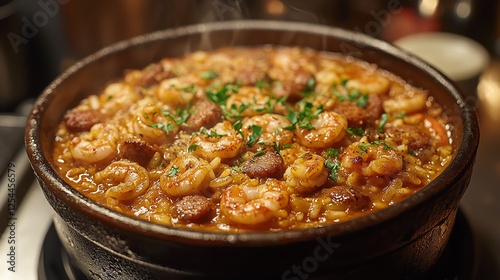 A steaming pot of delicious shrimp and sausage paella, garnished with fresh herbs, showcasing vibrant colors and rich textures, perfect for a culinary experience at home or a feast photo