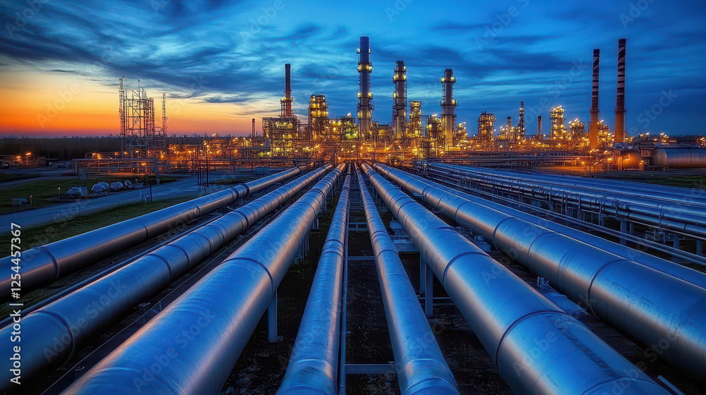 A large industrial area with many pipes and a sunset in the background. A large industrial area with many pipes and a sunset in the background.