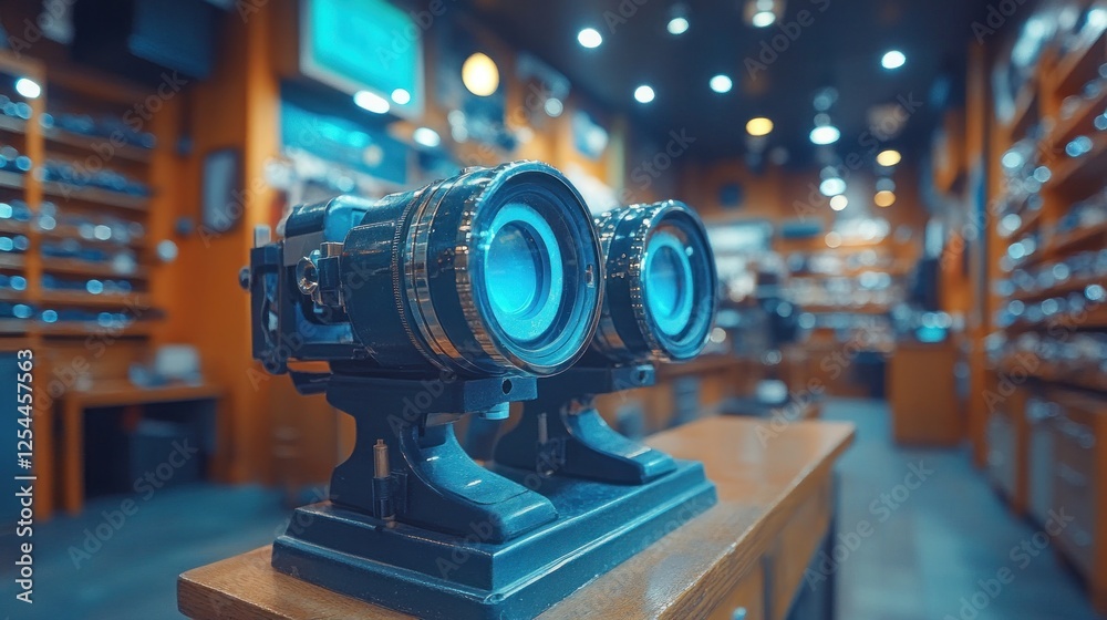 Fototapeta premium Two vintage-style optical devices on a wooden counter in a well-lit optical store.