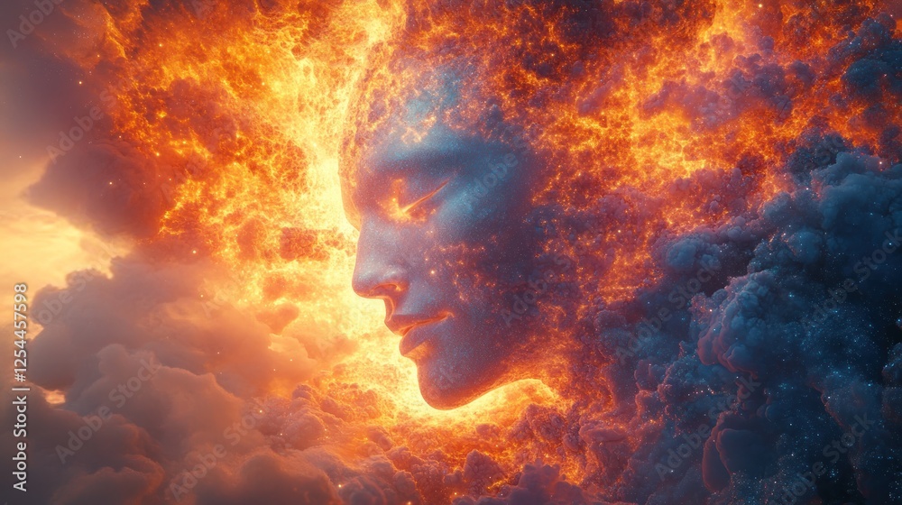 Fiery face emerging from cloudscape; phoenix rebirth, fantasy art Fiery face emerging from cloudscape; phoenix rebirth, fantasy art