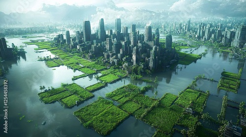 Flooded Metropolis Overgrown By Lush Green Rice Paddies photo