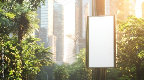Vertical white poster on a modern pole in the city, lush trees and buildings blurred in the background.