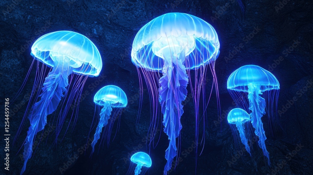 Naklejka premium Ethereal Jellyfish Glowing in Deep Ocean Water at Night