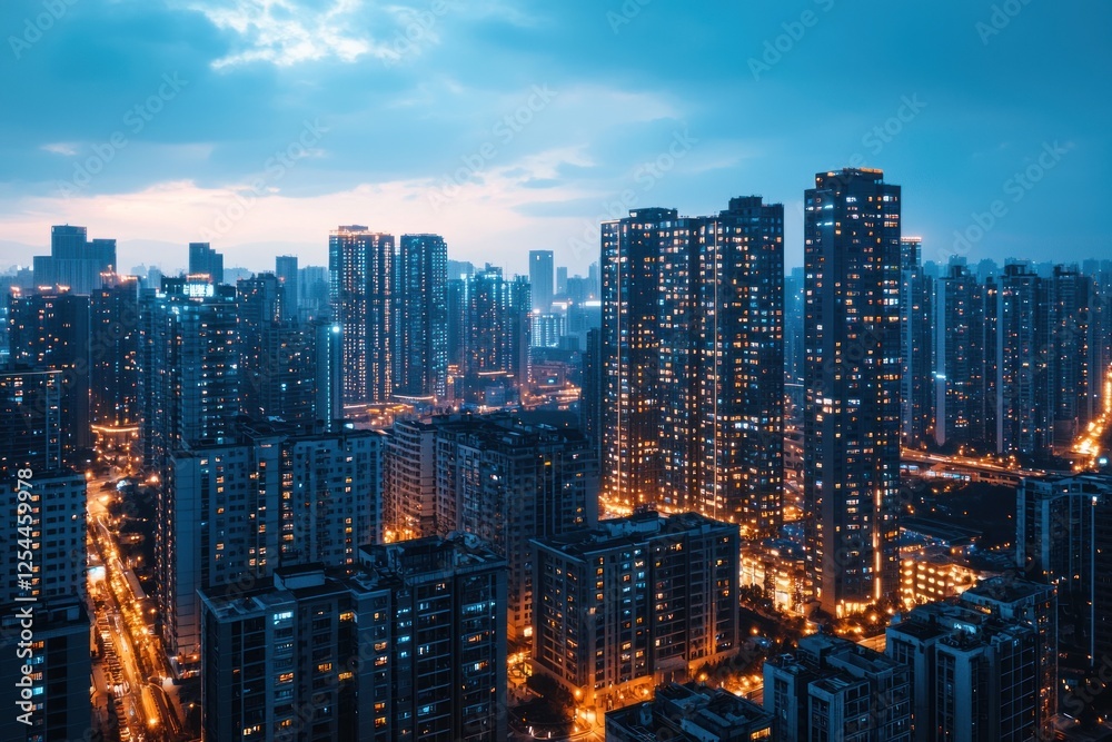 Obraz premium Cityscape twilight aerial view, illuminated buildings, cityscape skyline, dusk