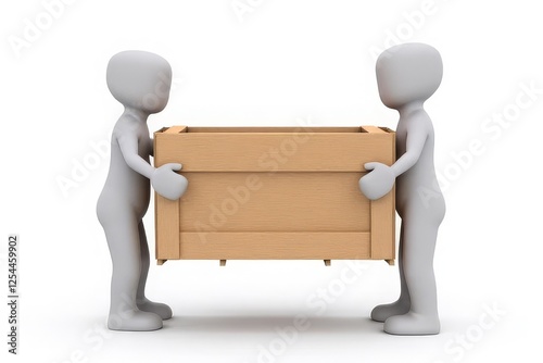 Two Figures Cooperatively Lifting a Large Wooden Crate Teamwork Delivery Concept