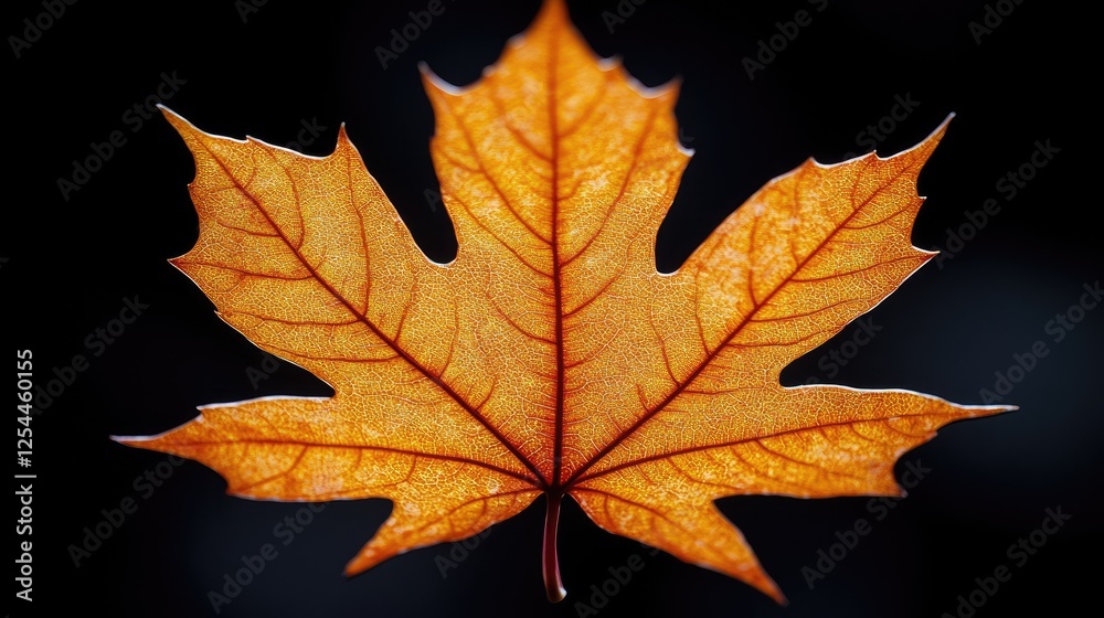 Obraz premium Vibrant orange maple leaf showcasing intricate veins against a dark background, highlighting autumn's beauty