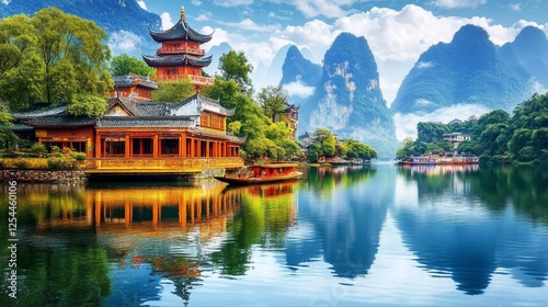 Beautiful Chinese architecture nestled by a serene lake with reflection and mountains