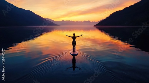 A balanced yoga pose performed on a paddleboard in the middle of a calm lake photo