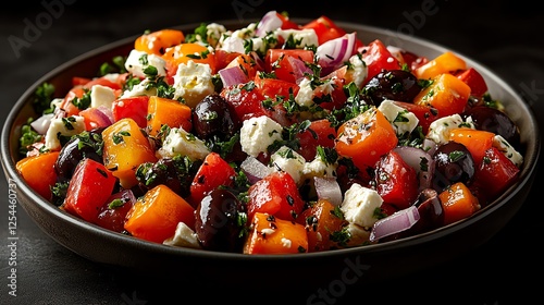 A vibrant and colorful salad featuring fresh vegetables, olives, and feta cheese. Perfect for a healthy meal or as a side dish, bursting with flavors and nutrients. photo