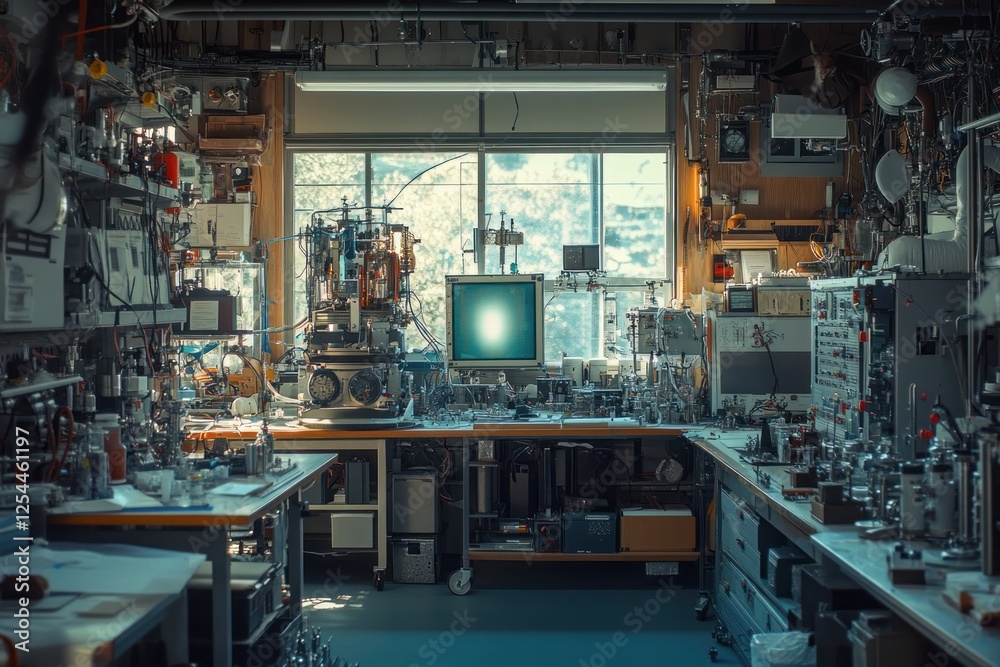 Fototapeta premium Scientist's cluttered lab, sunny window, research equipment, data screen, scientific discovery