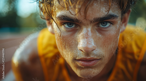 Close-up of a young man on a track, determined and focused expression, Generative AI