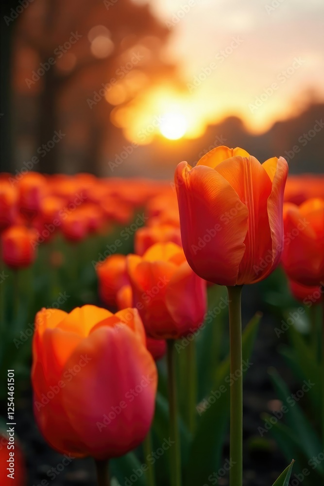 Obraz premium Warm light dances across the tulip rows at dusk, orange, tulips, natural