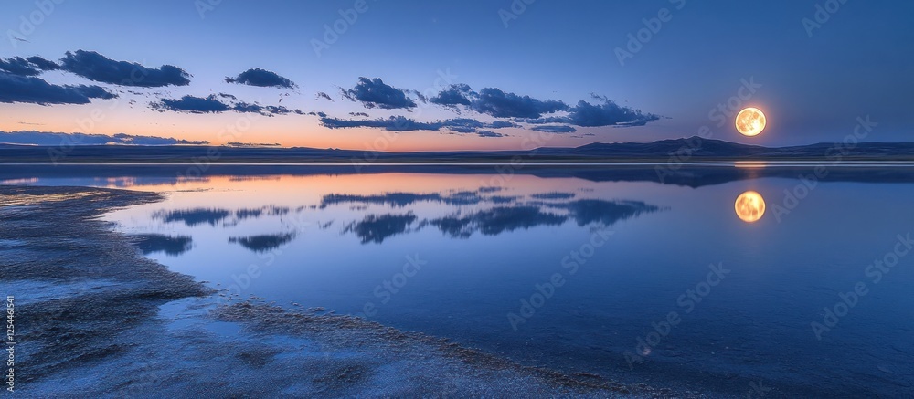 Fototapeta premium Calm lake sunset moonrise reflection
