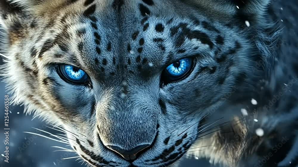 Majestic Snow Leopard Close-Up with Striking Blue Eyes in Winter Snow