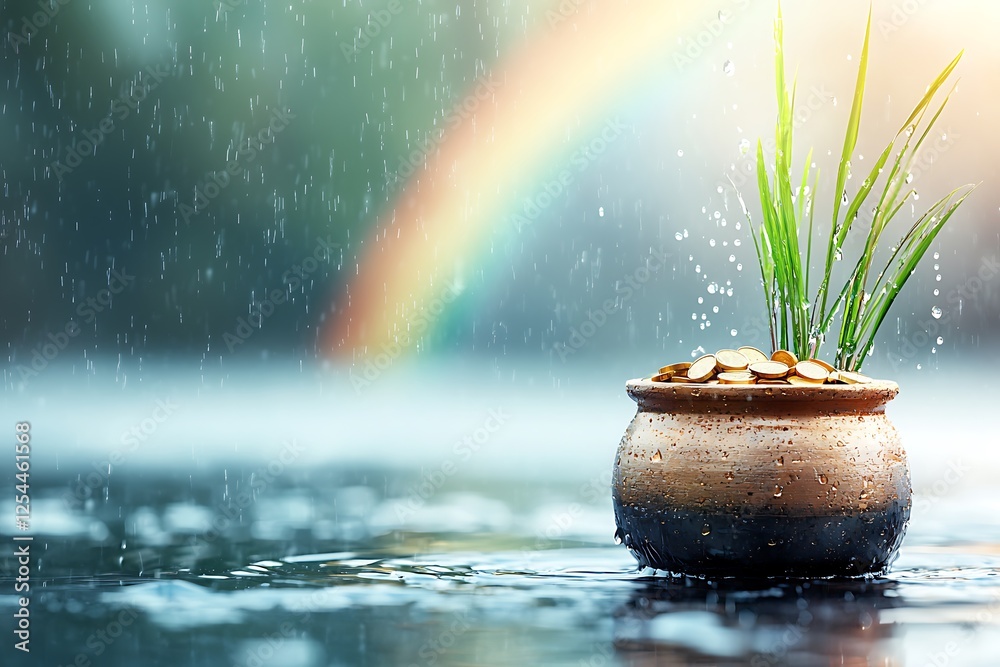 St patrick's day celebration pot of gold nature scene rainy day close-up luck and prosperity