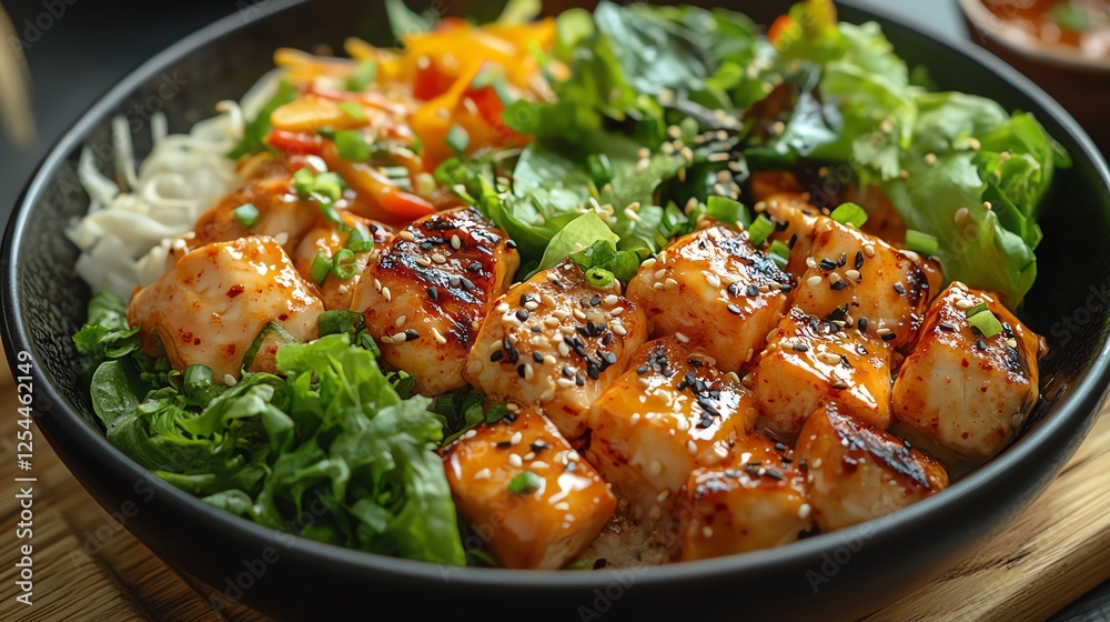 A vibrant and healthy bowl featuring grilled tofu, fresh greens, colorful vegetables, and a drizzle of spicy sauce, perfect for a nutritious meal or as a colorful food option.