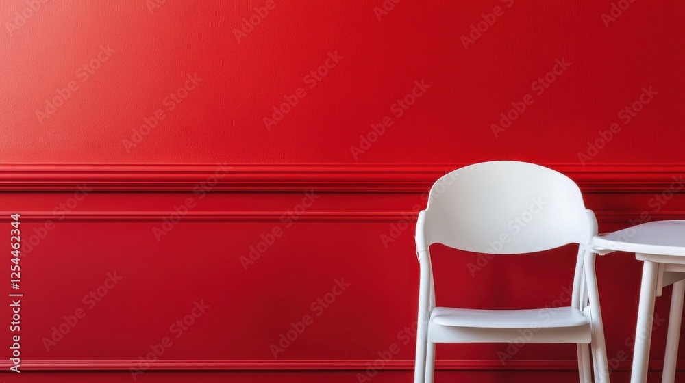 Red wall, white chairs, table, interior design