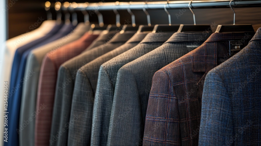 Obraz premium Men's suits hanging in boutique showroom, ready for sale