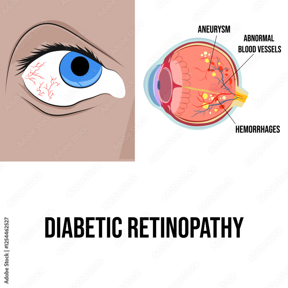 Obraz premium Diabetic retinopathy, an eye disease that damages the blood vessels of the retina.