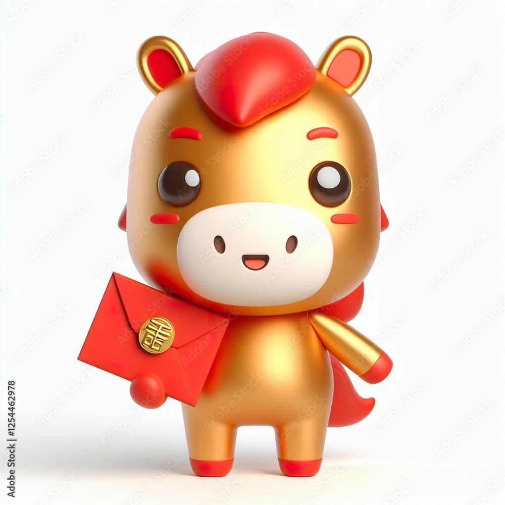 3d Golden and Red Horse Cartoon Character Holding Red Envelope, Lunar New Year 3d Golden and Red Horse Cartoon Character Holding Red Envelope, Lunar New Year