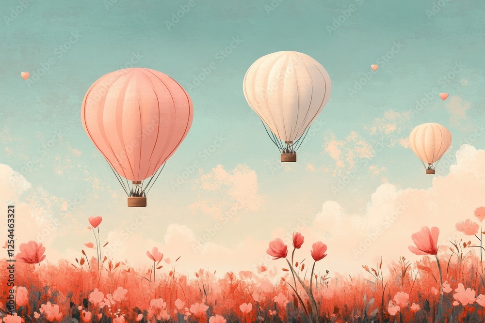 Obraz premium Hot air balloons drift peacefully over a colorful field of blooming flowers at sunset. Generative AI