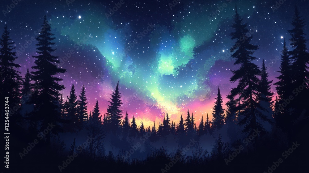 Naklejka premium Vibrant aurora borealis illuminating a serene evergreen forest at night.