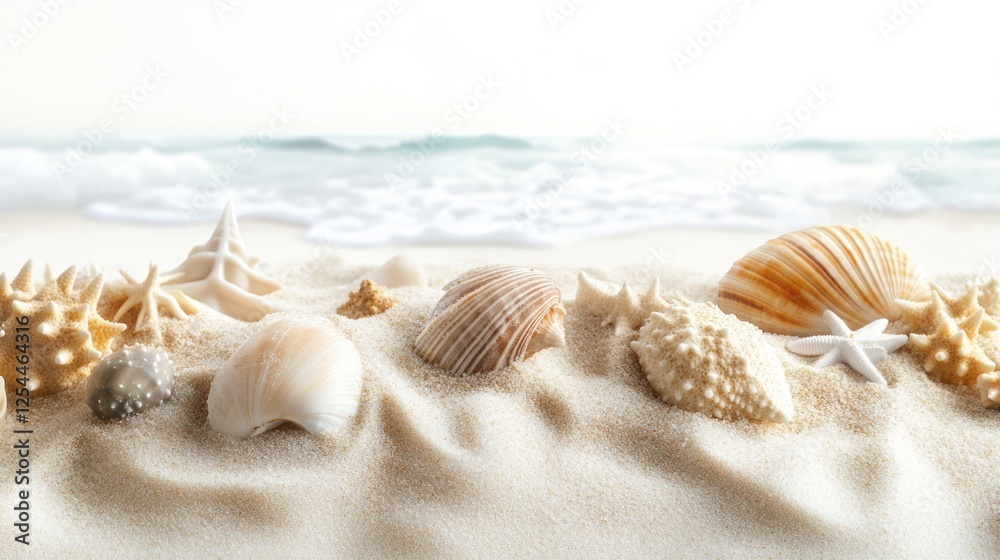 A beach scene with a variety of shells and starfish scattered across the sand A beach scene with a variety of shells and starfish scattered across the sand