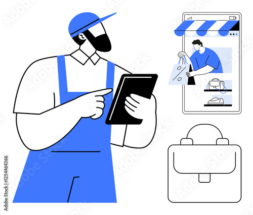 Worker holding tablet, overseeing online store. Displays shopping cart, briefcase, tablet interaction. Ideal for e-commerce, digital retail, online business, remote management logistics technology