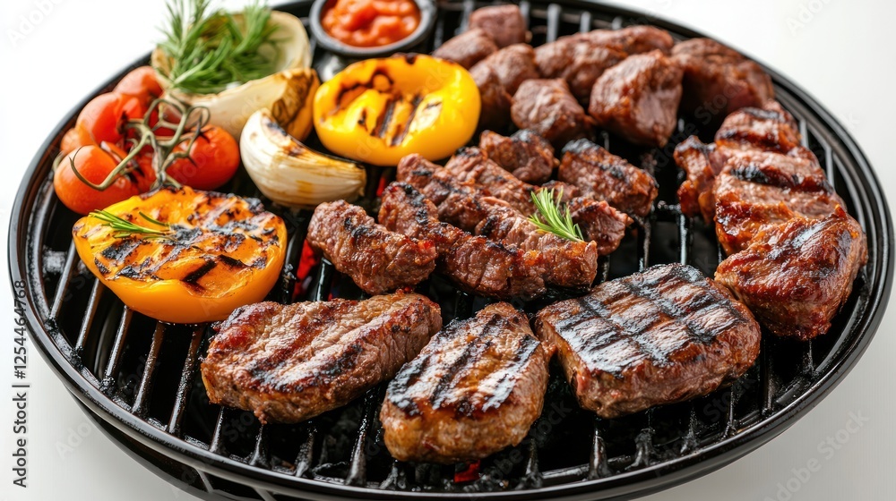 A plate of grilled meat and vegetables on a grill A plate of grilled meat and vegetables on a grill