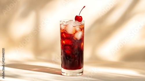 Wallpaper Mural A tall glass of iced cherry soda drink with cherry on top, simple white background with soft light and shadow Torontodigital.ca