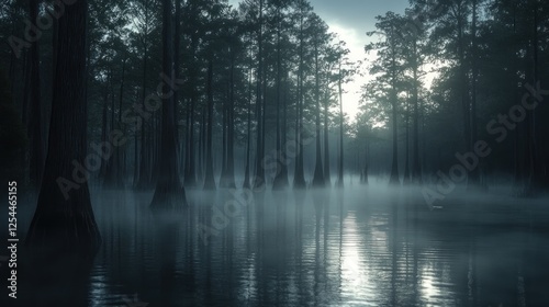 Misty swamp sunrise, cypress trees, tranquil water, serene background, nature documentary